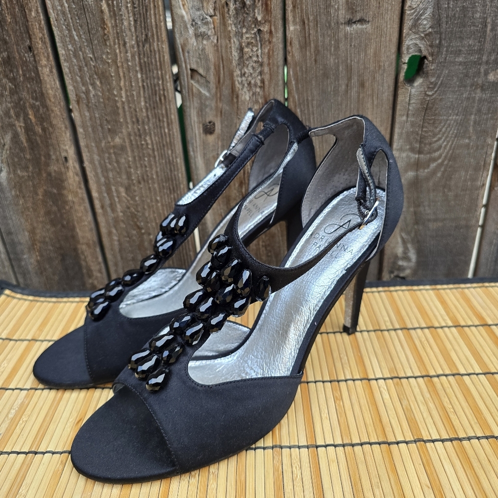 Adrianna Papell Open Toe Elegant Black Heeled Sandals Formal Party Beaded Size 9